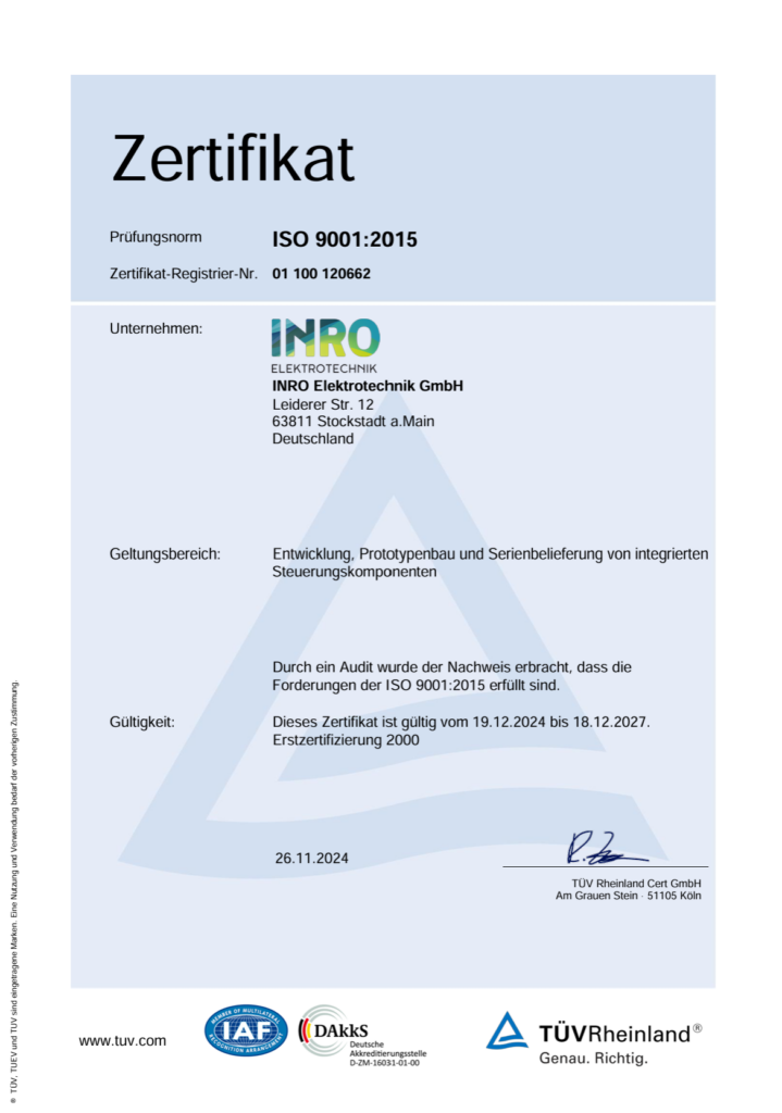 ISO 9001:2025 TÜV Zertifikat der Firma INRO