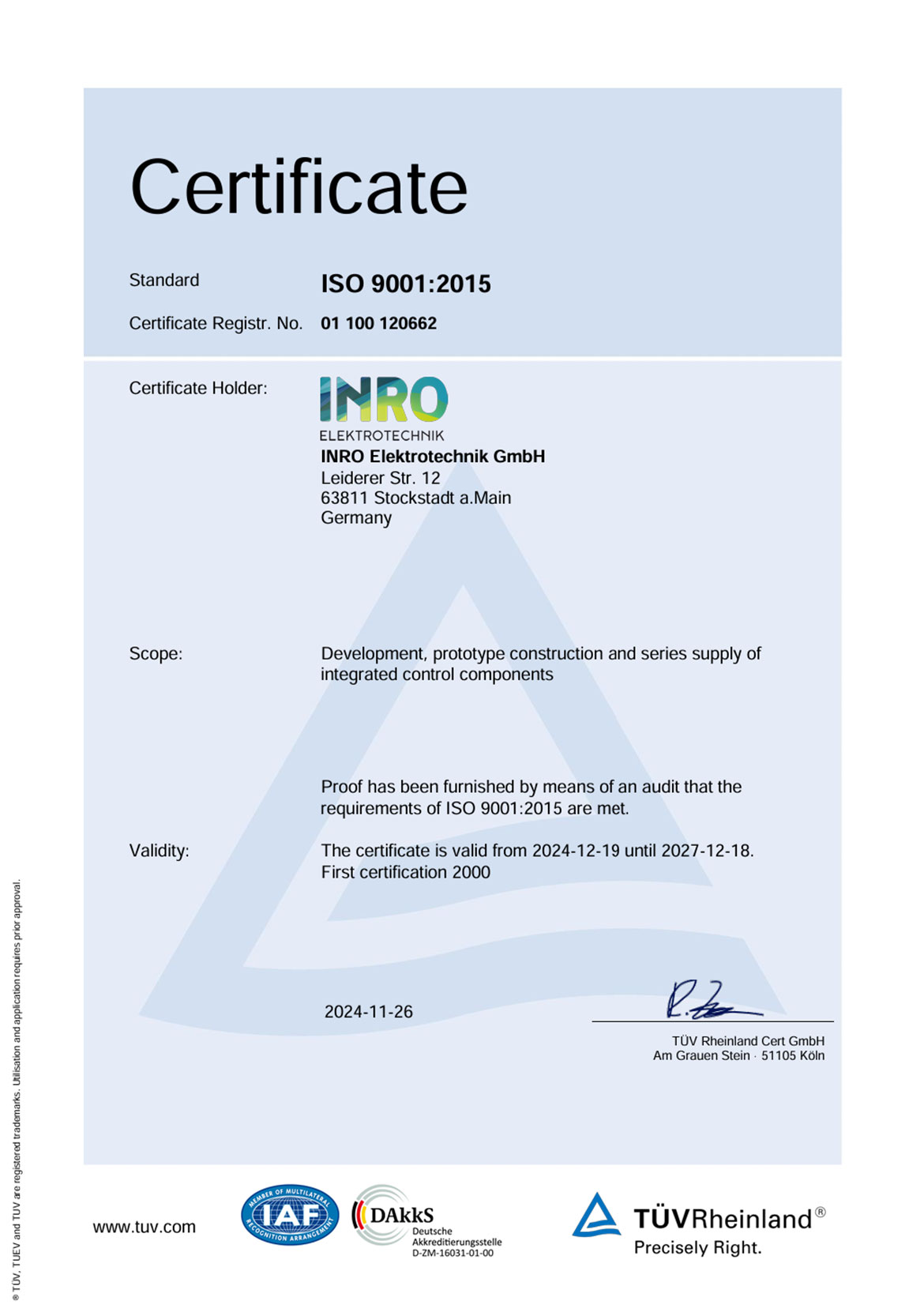 ISO 9001:2025 TÜV certificate of the company INRO